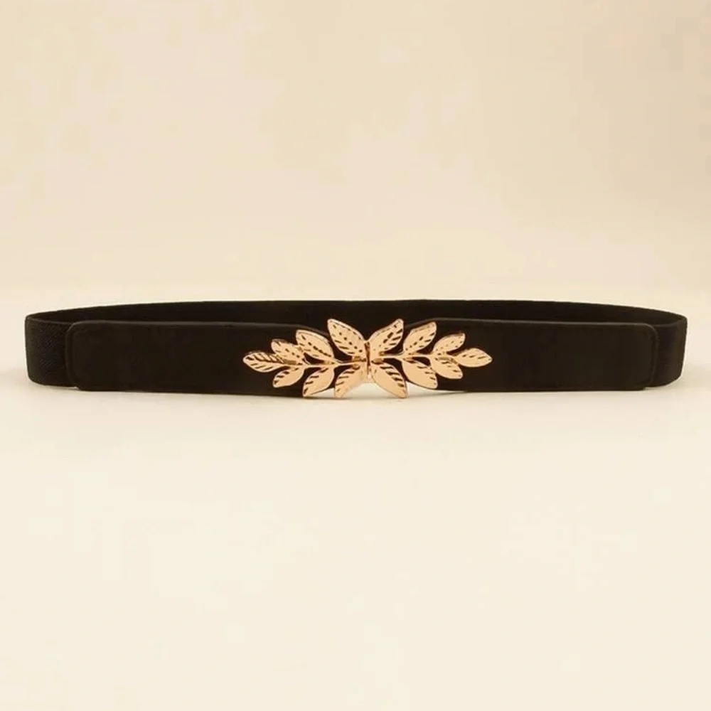 Plus Size Black Waist Belt with Gold Leaf Accent